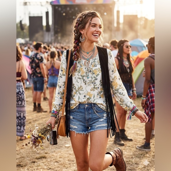 LUCKY BRAND Blouse Sz M Floral Smock Front LS Peasant Boho Soft Tunic Top - Picture 3 of 14